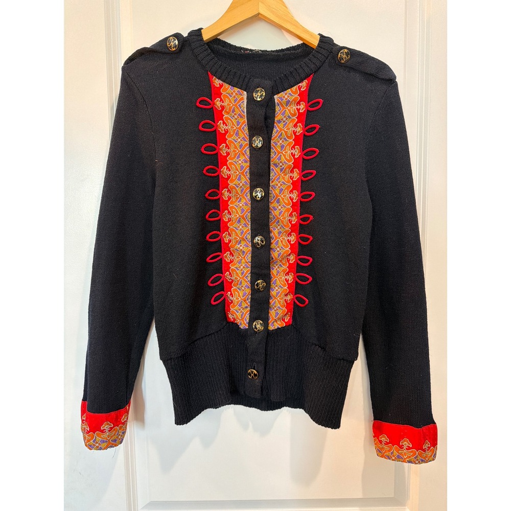Vintage Anthony Sicari Military Style Cardigan Black Red Paisley Gold Buttons